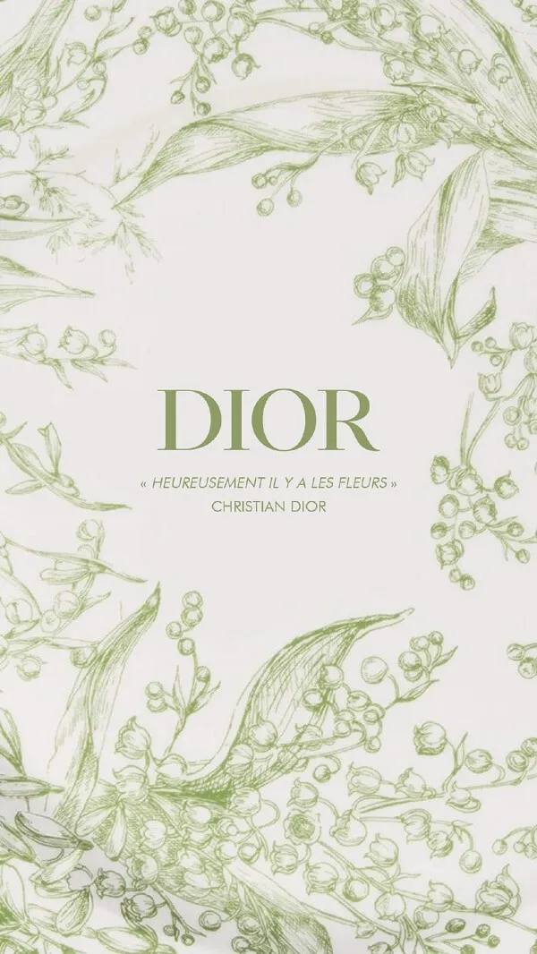 Một bản in hoa màu trắng và xanh lá cây trên nền hình nền Dior trắng