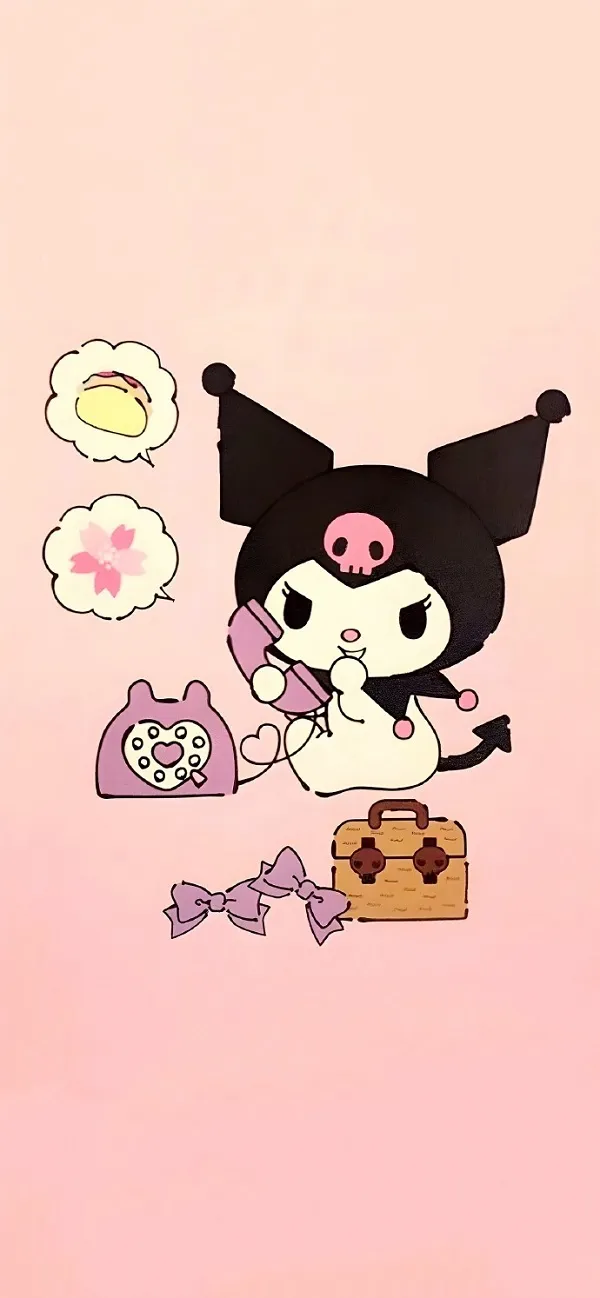 Một bức tường màu hồng với một nhân vật hoạt hình hình nền kuromi cute trên đó