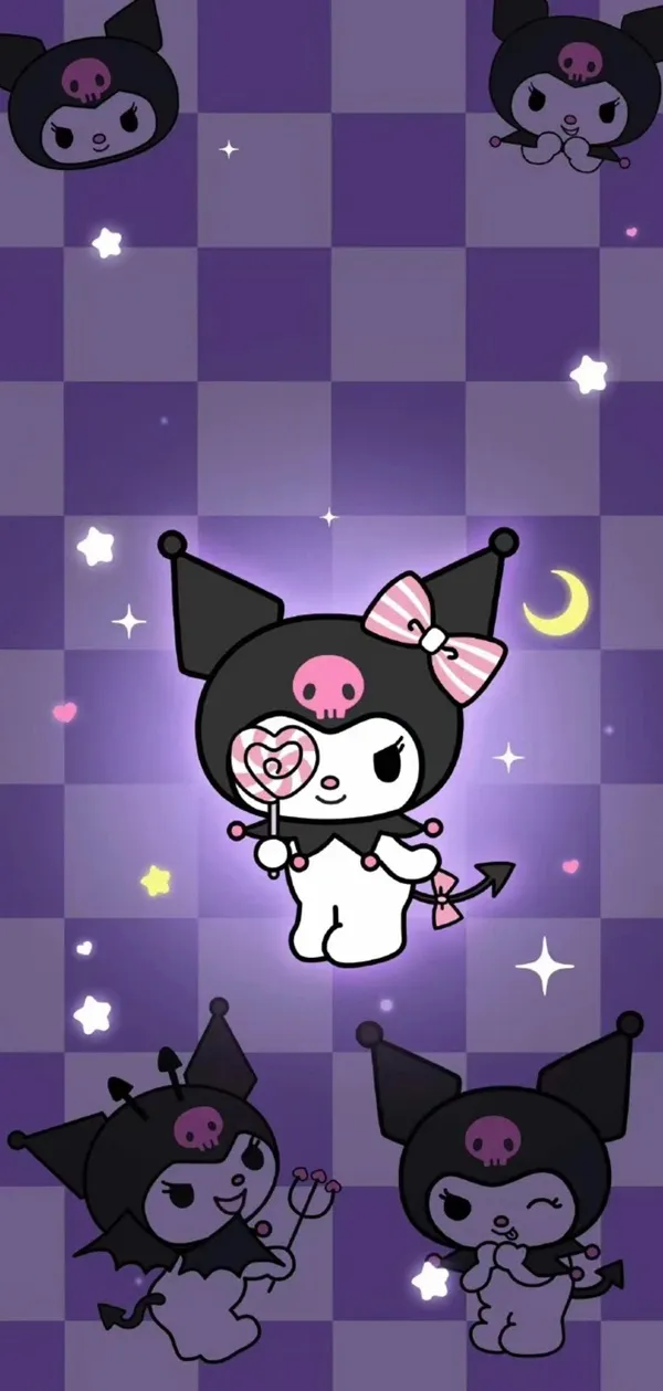 Một con hình nền kuromi cute mèo hoạt hình với mũi màu hồng và một con mèo đen với mũi màu hồng