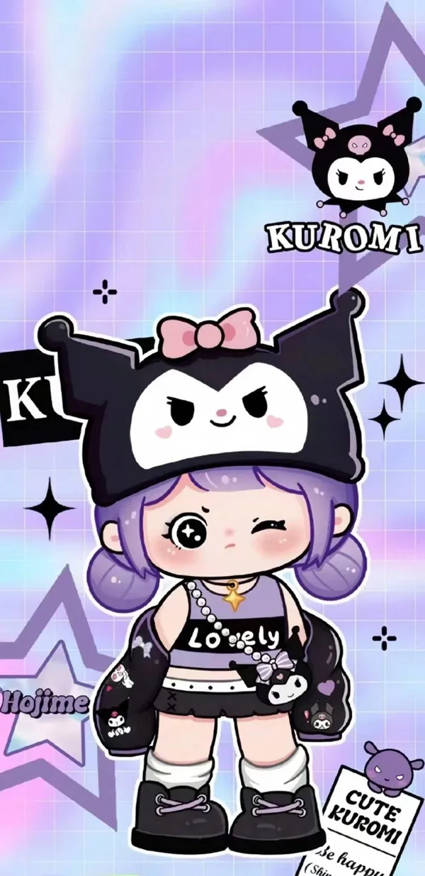 Một nhân vật hoạt hình với bộ hình nền kuromi cute trang phục màu đen và trắng
