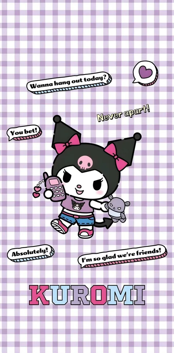 Một nhân vật hoạt hình hình nền kuromi cute với một cây cung màu hồng và nền màu tím