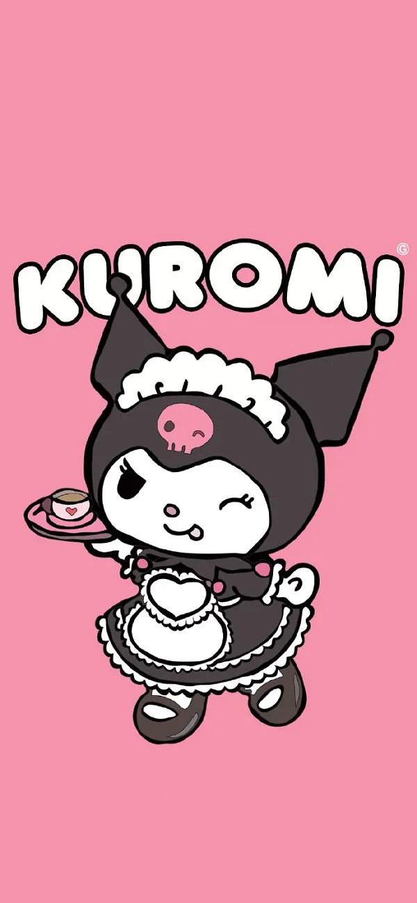 Một nhân vật hoạt hình cầm một cái đĩa với một chiếc cốc hình nền kuromi cute
