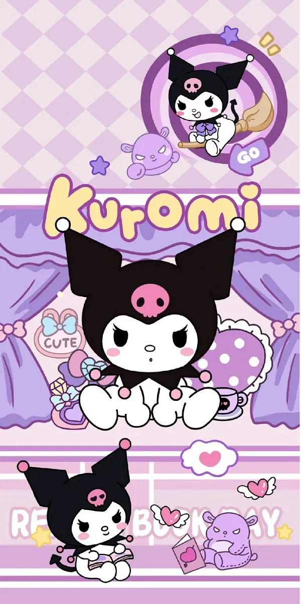 Một con mèo hoạt hình nền Kuromi hình đang ngủ trên giường