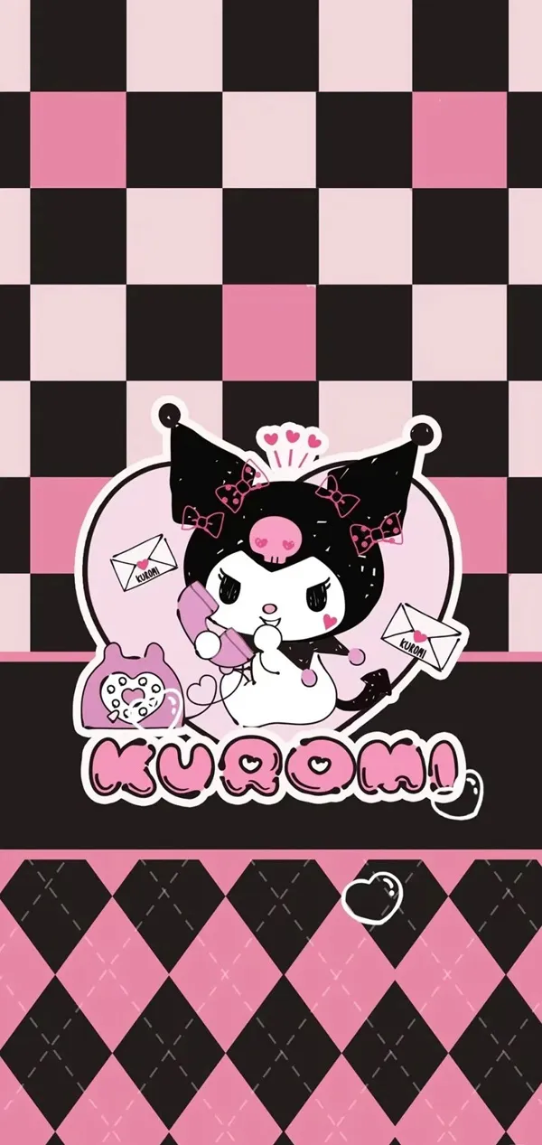 Một hình nền màu hồng và đen với hình nền Kuromi một con mèo