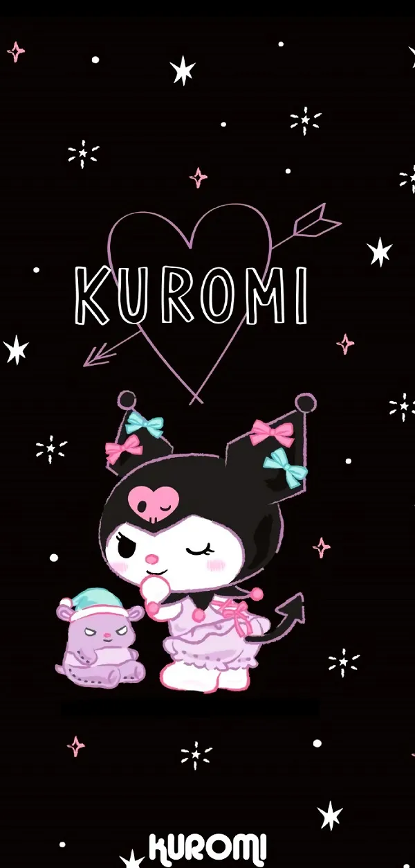 Một nền đen với một nhân vật hình nền Kuromi hoạt hình ôm một con mèo
