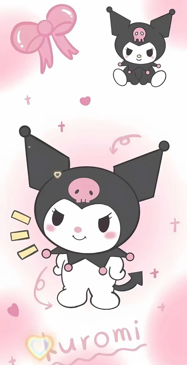 Một con mèo hoạt hình với một cái hình nền kuromi ngầu nơ trên đầu