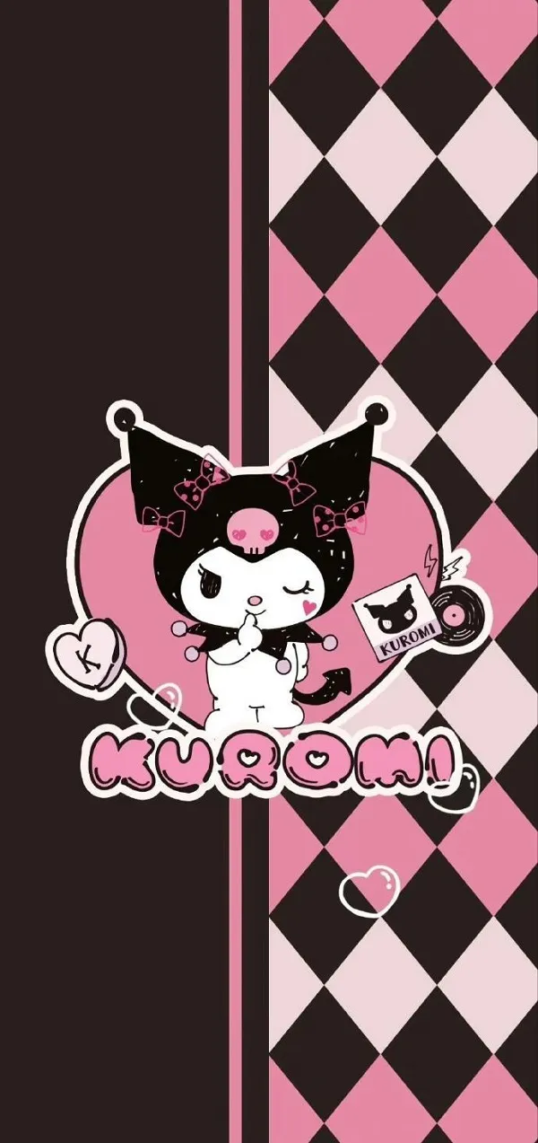 Một hình nền kuromi ngầu con mèo màu hồng và đen với một cái nơ trên đầu