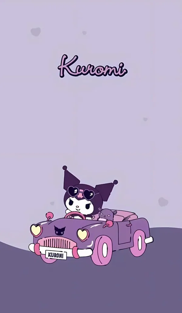 Một nhân vật hoạt hình lái xe hơi với một con chó ở hình nền kuromi ngầu phía sau