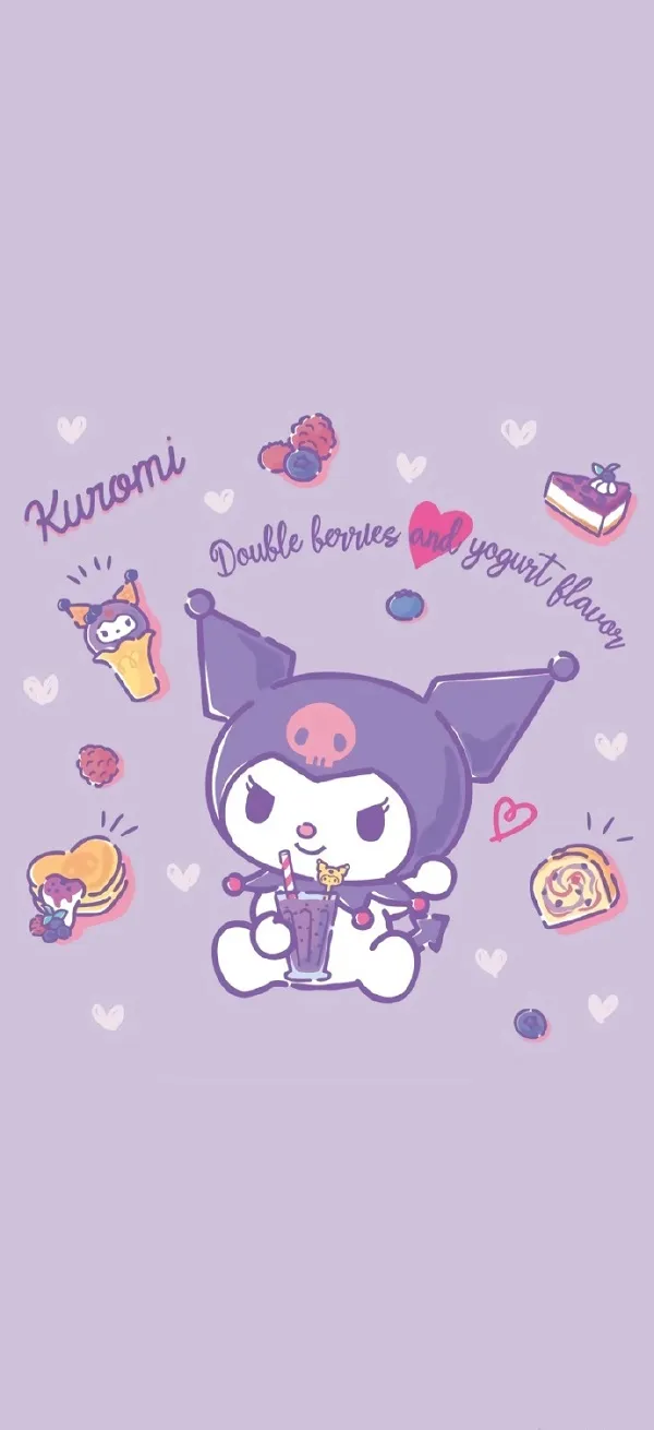 Một nhân vật hoạt hình với trái tim hình nền kuromi ngầu và một tách cà phê