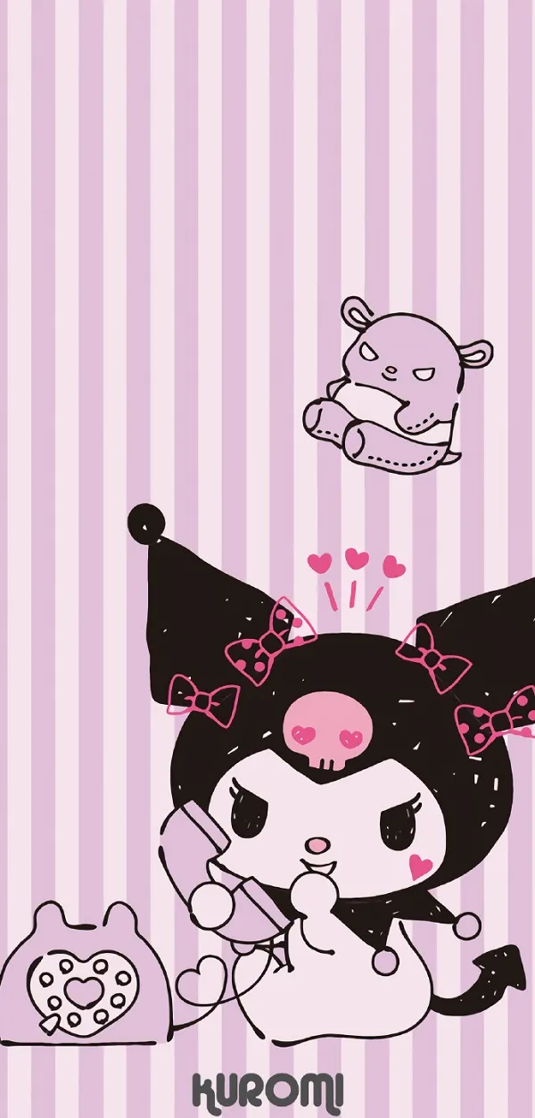 Một con mèo hoạt hình với một trái tim hình nền kuromi và cinnamoroll trên lưng