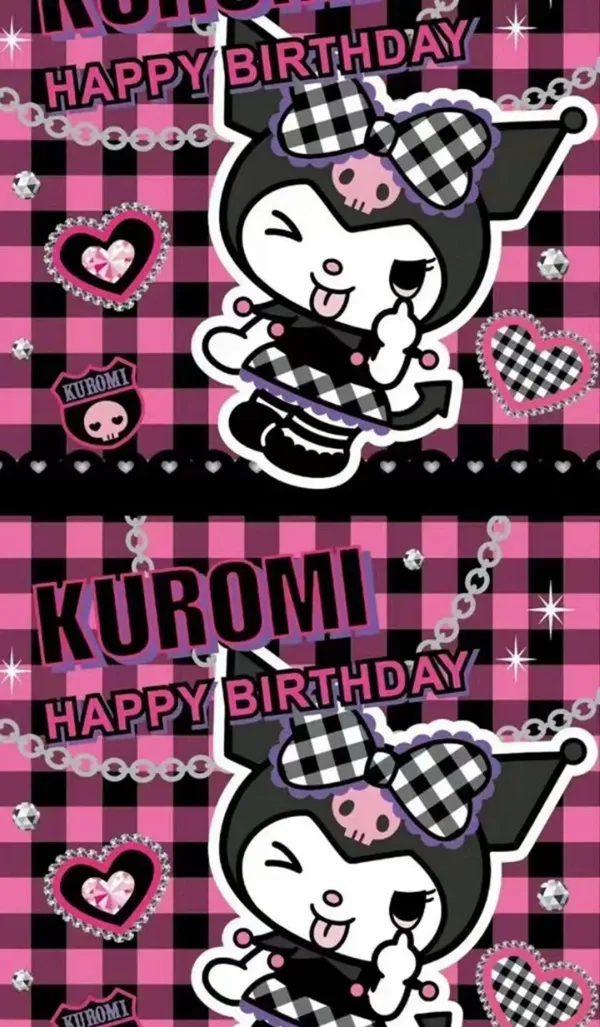 Một nhân vật hoạt hình với một hình nền kuromi và cinnamoroll trái tim trên ngực cô ấy