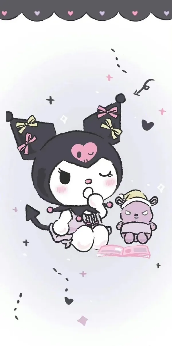 Một nhân vật hoạt hình với một con gấu bông và hình nền kuromi và cinnamoroll gấu bông