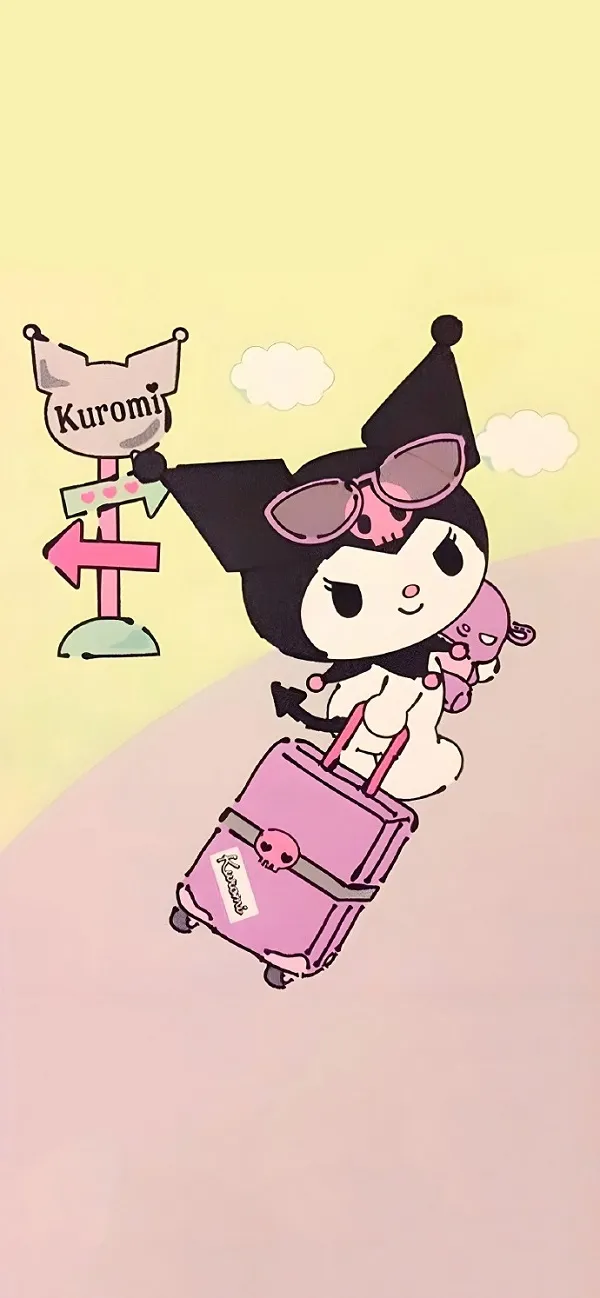 Một nhân vật hình nền kuromi và cinnamoroll hoạt hình bay trong không trung với một chiếc vali