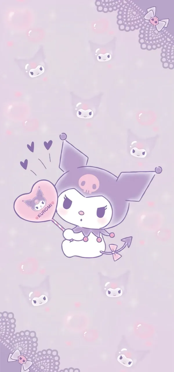 Một nhân vật hoạt hình nền kuromi và cinnamoroll hình với một trái tim trên ngực anh ấy