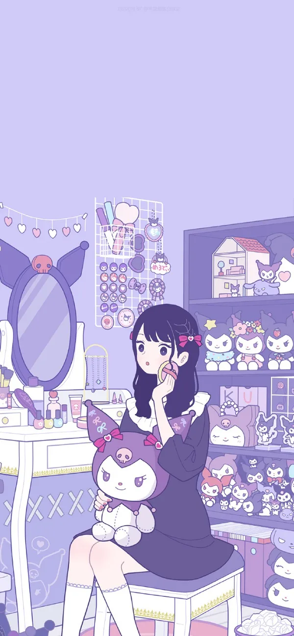 Một người hình nền máy tính kuromi phụ nữ ngồi trên ghế đẩu trước gương