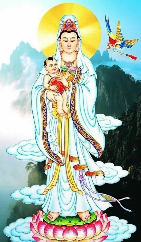 Một bức tranh của hình nền phật một người ôm em bé