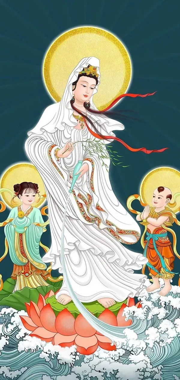 Một bức tranh của một người phụ nữ mặc áo choàng trắng hình nền phật và một đứa trẻ mặc áo choàng màu xanh lá cây