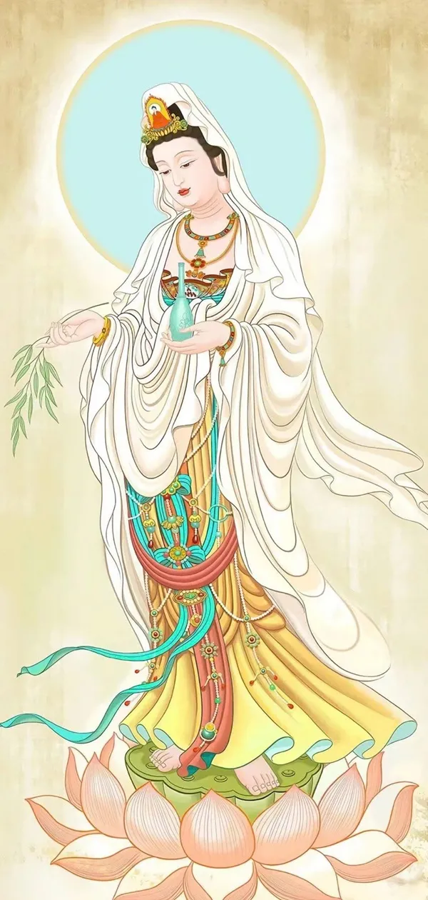 Một bức tranh hình nền phật của một người phụ nữ mặc áo choàng trắng và áo choàng màu vàng, cầm một bông hoa