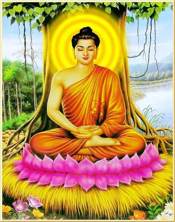 Một bức tranh của một vị Phật đang hình nền phật ngồi trong hoa sen