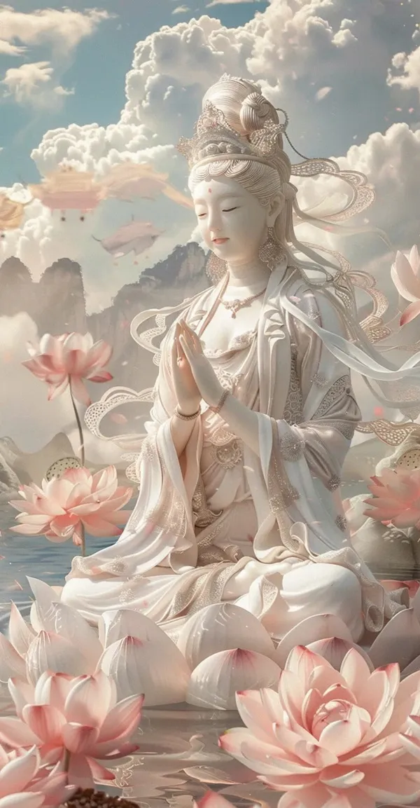 Một người phụ nữ ngồi trên một bông sen ở giữa hồ với hình nền phật những bông hoa màu hồng