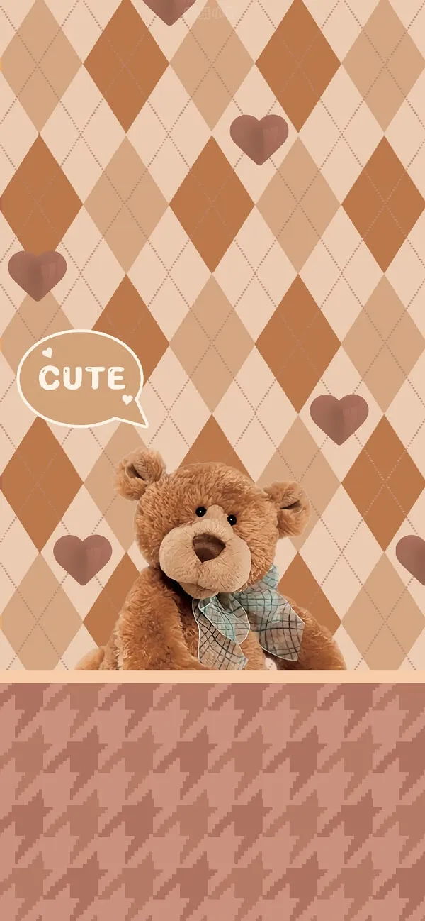 Một con gấu Teddy ngồi trên bàn với hoa văn hình trái tim hình nền điện thoại caro