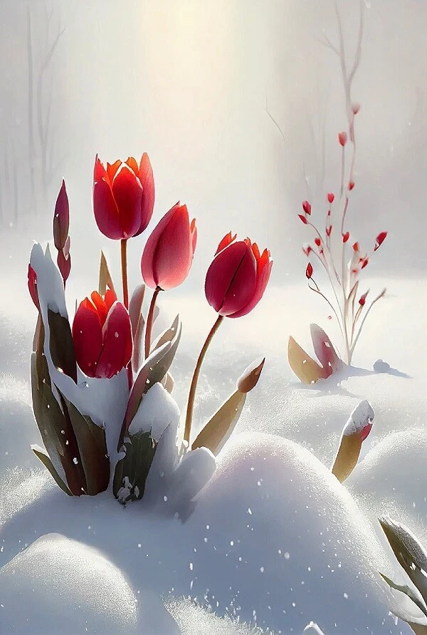 Một bó hoa tulip đỏ trong tuyết ảnh hoa tulip