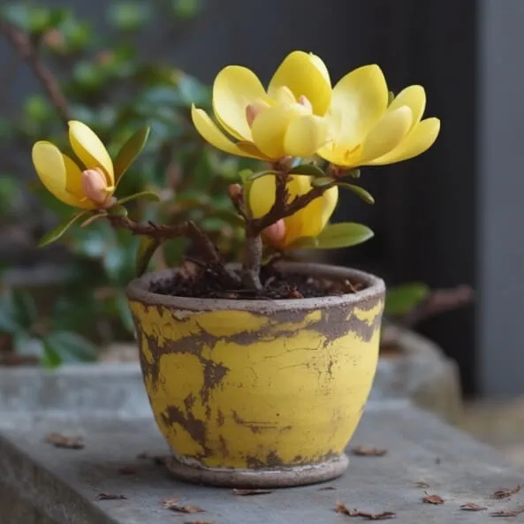 Có một chậu cây với những bông hoa màu vàng ngồi trên gờ
