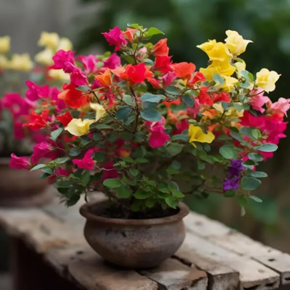 Có nhiều hoa màu khác nhau trong một cái chậu trên bàn