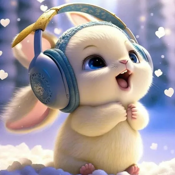 Có một chú thỏ nhỏ dễ thương với tai nghe trên tuyết