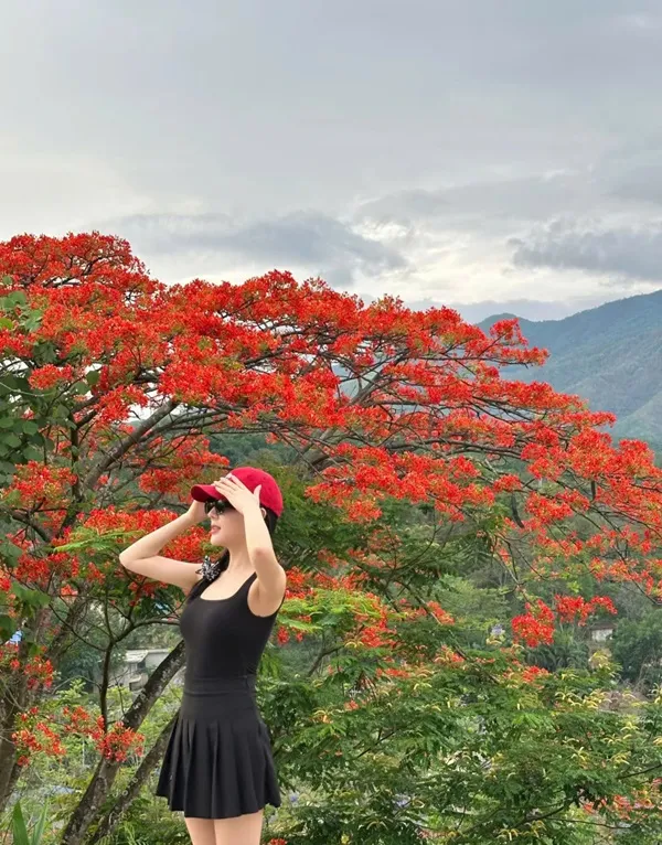 Có một người phụ nữ đang đứng trước cây
